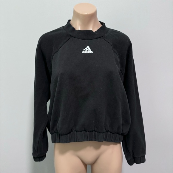 Adidas Ribbed Cropped Crewneck Sweatshirt Elastic Black Large - Picture 2 of 5